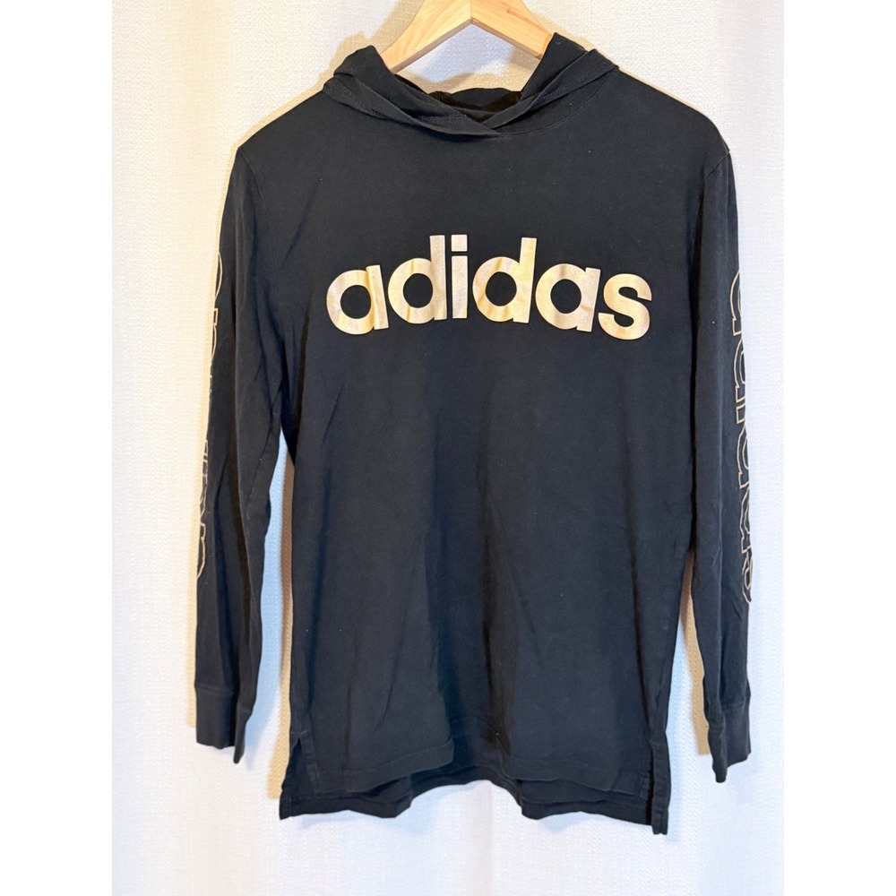Adidas Hooded Shirt Girls Large Black Excellent Gold Logo Graphic AA6611